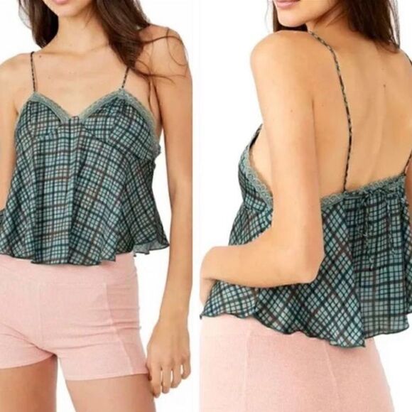 Free People Top Womens Sz M  intimately Camisole Back Tie forest Green Satin NWT - Picture 1 of 9